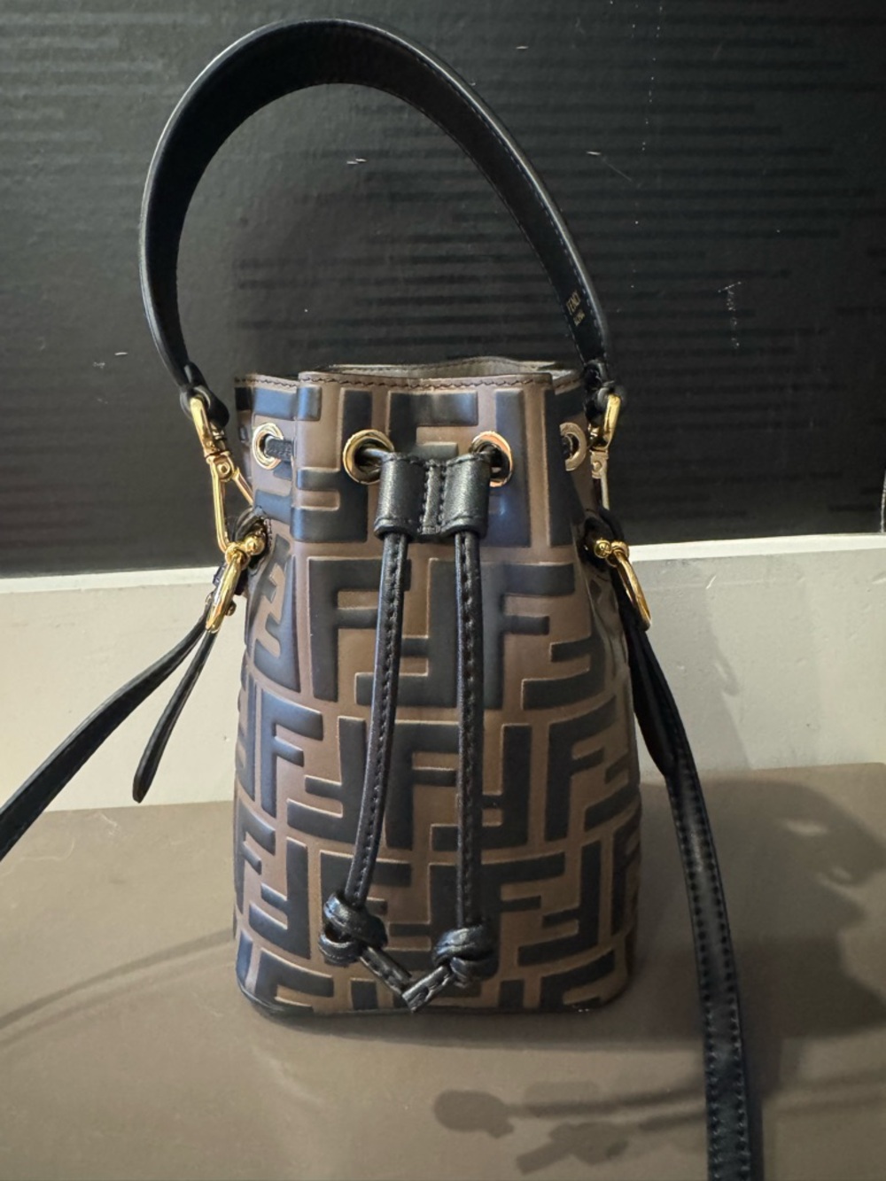 Fendi Brown FF Logo Mini Bucket Bag with Gold Hardware - Picture 3 of 12